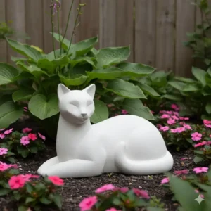 Moderne gartendeko figuren katze liegend mit minimalistischem Design.