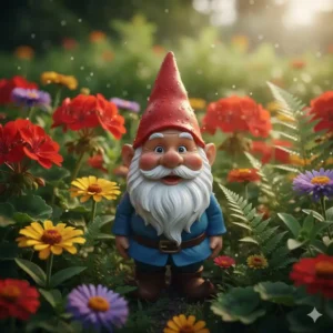 Eine lustige gartenzwerg-figur zwischen blumen, ein klassischer gartendeko tipps & tricks blickfang.