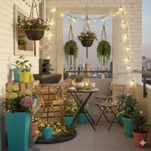 Bepflanzte Hängekörbe als vertikale gartendeko ideen kleine gärten für Balkon und Terrasse.