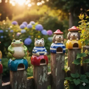 Lustige Zaunhocker gestaltet als gartendeko figuren keramik handgemacht auf einem rustikalen Holzzaun.