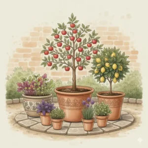 Edle essbare Gartendeko mit dekorativen Obstbäumen in Kübeln, ein wichtiger Trend 2026.