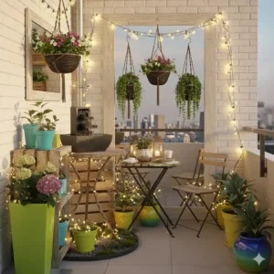 Farbige Pflanzkübel und Hochbeete als stilvolle gartendeko ideen kleine gärten auf der Terrasse.