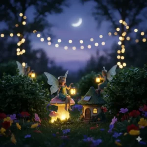 Zauberhafte Feenwelt mit kleinen gartendeko figuren beleuchtet solar