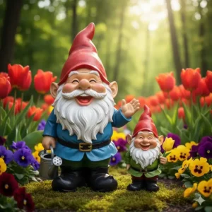 Größenvergleich von zwei Gartendeko Figuren Gnom lustig für den Garten.