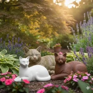 Mehrere gartendeko figuren katze liegend als harmonisches Set im Garten.