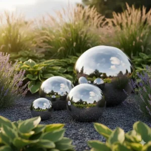 Polierte Gartenkugeln, die als gartendeko figuren edelstahl rostfrei Akzente setzen.