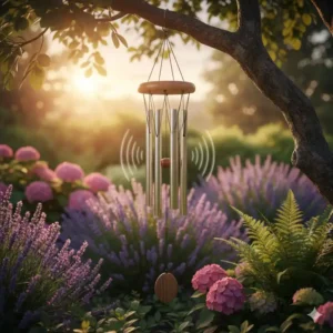 Ein elegantes metall-windspiel, das sanfte töne erzeugt, ein beruhigender gartendeko tipps & tricks für die sinne.