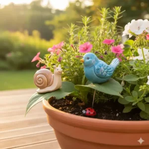 Filigrane gartendeko figuren keramik handgemacht zur Verschönerung von Pflanztöpfen auf der Terrasse.