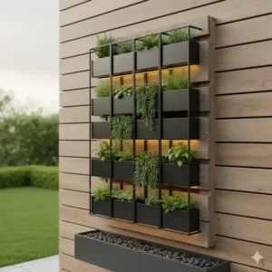 Vertikaler Kräutergarten auf einer Holzpalette, als gartendeko kreativ modern mit Metallakzenten.