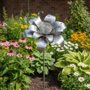 Ein Gartenstecker in Blumenform aus der Serie gartendeko figuren edelstahl rostfrei.