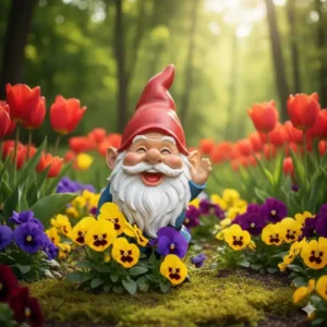 Bunte Gartendeko Figuren Gnom lustig platziert inmitten von gelben Blumen.