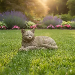 Realistische gartendeko figuren katze liegend direkt auf der Rasenfläche platziert.