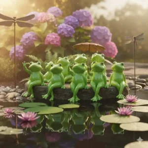 Eine Gruppe kleiner gartendeko figuren frosch teich am Rand