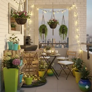 Klappbare Gartenmöbel mit Zierkissen als praktische gartendeko ideen kleine gärten für sehr kleine Flächen.
