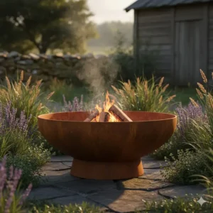 Ein rustikaler Edelrost gartendeko feuerkorb design in einer natürlichen Gartenumgebung.
