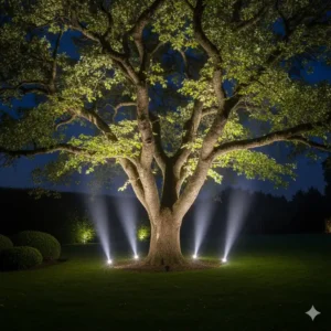 Ein großer Baum im Garten, der durch gartendeko bodenstrahler led outdoor von unten beleuchtet wird.