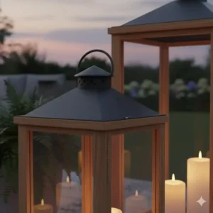 Detailaufnahme einer hochwertigen gartendeko laternen holz groß mit Metalldach.
