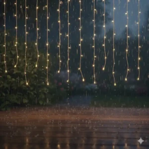 Detailaufnahme einer Gartendeko Lichtervorhang außen wasserdicht bei starkem Regen.
