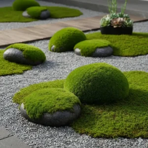 Künstliche Moossteine als gartendeko moos künstlich pflegeleicht im Steingarten.