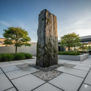 Ein beeindruckender Monolith für die gartendeko natursteine groß format in einer eleganten Außenanlage.