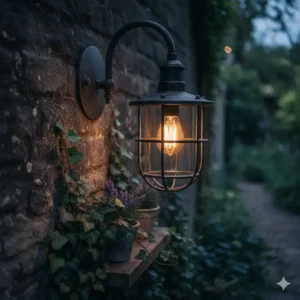Eine im Industrie-Stil gehaltene gartendeko wandleuchten außen vintage aus Metall.