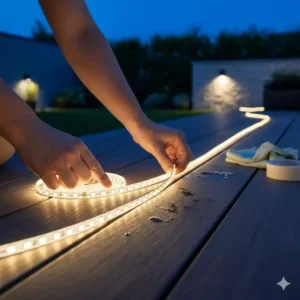 Eine Person zeigt die einfache Montage der gartendeko led streifen selbstklebend outdoor auf Holz.