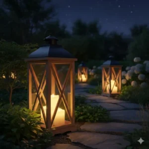 Beleuchtete gartendeko laternen holz groß sorgen für Atmosphäre im nächtlichen Garten.