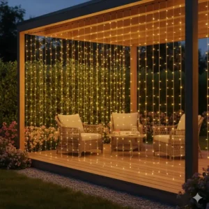 Eine moderne Terrasse dekoriert mit einer Gartendeko Lichtervorhang außen wasserdicht.