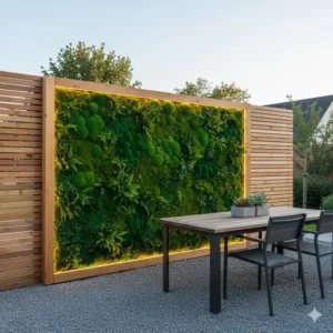 Vertikale gartendeko moos künstlich pflegeleicht an einer modernen Holzwand.