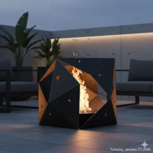 Minimalistisches und geometrisches gartendeko feuerkorb design auf einer modernen Terrasse.