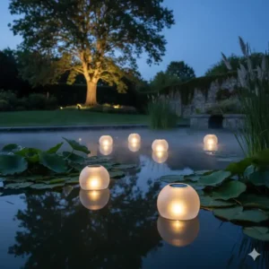 Elegante Glaskugeln als moderne gartendeko schwimmende lichter teich auf dem Wasser.