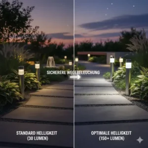 llustration der Lichtstärke und Helligkeit der Gartendeko Wegeleuchten Solar Edelstahl im Garten.
