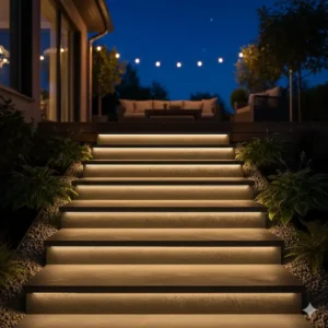 Sicherheit und Stil durch gartendeko led streifen selbstklebend outdoor an den Stufen einer Gartentreppe.