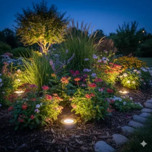 Blumenbeet-Inszenierung mit dezent platzierten gartendeko bodenstrahler led outdoor.