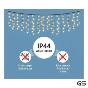 Infografik zur Schutzklasse IP44 für die Gartendeko Lichtervorhang außen wasserdicht.