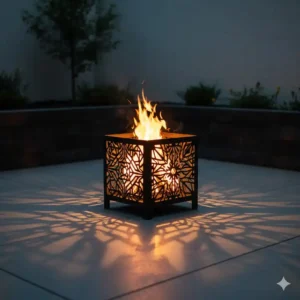 Einzigartiges Laser-Cut gartendeko feuerkorb design mit faszinierenden Lichteffekten bei Nacht.