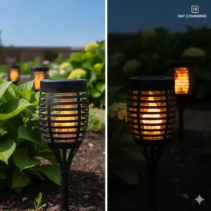 Ein Vorher-Nachher-Vergleich der gartendeko solar fackeln realistisch während der Aufladung am Tag und Leuchten bei Nacht.