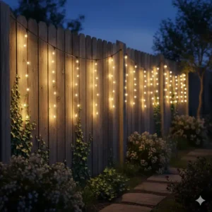 Ein Holzzaun im Garten verschönert durch eine Gartendeko Lichtervorhang außen wasserdicht.
