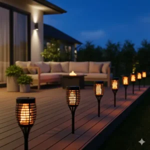 Moderne Terrassengestaltung mit einer Reihe von gartendeko solar fackeln realistisch für gemütliche Abende.