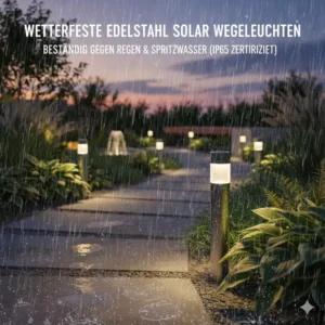 Die robuste und wetterfeste Bauweise der Gartendeko Wegeleuchten Solar Edelstahl bei Regen.