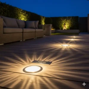 Terrassengestaltung mit in den Boden eingelassenen gartendeko bodenstrahler led outdoor.