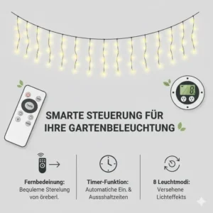 Fernbedienung und Timer-Funktion der Gartendeko Lichtervorhang außen wasserdicht.