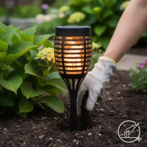 Einfache Installation der gartendeko solar fackeln realistisch mit dem praktischen Erdspieß im Blumenbeet.