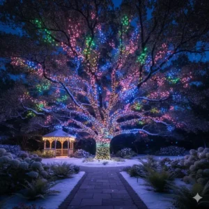 Winter garden scene with colorful gartendeko baum beleuchtung farbwechsel.
