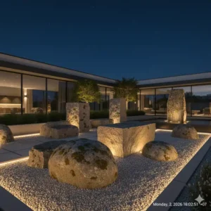 Stimmungsvoll beleuchtete gartendeko natursteine groß format für die abendliche Gartenatmosphäre.