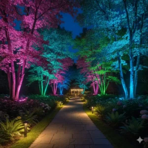 Garden path illuminated by gartendeko baum beleuchtung farbwechsel.