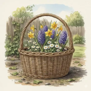 Ein rustikaler Weidenkorb als Beispiel für gartendeko korbwaren pflanzgefäße mit Frühlingsblumen.