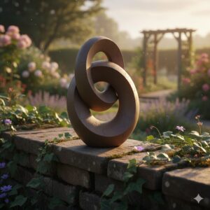 Moderne, abstrakte Skulptur als gartendeko lehmfiguren wetterfest dekorativ auf einer Gartenmauer platziert.