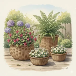 Ein dekoratives Set aus Rattan-Körben im Bereich gartendeko korbwaren pflanzgefäße für den Außenbereich.