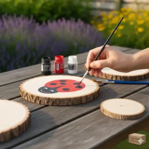 Ein roter Marienkäfer als Motiv für gartendeko baumscheiben bemalen.